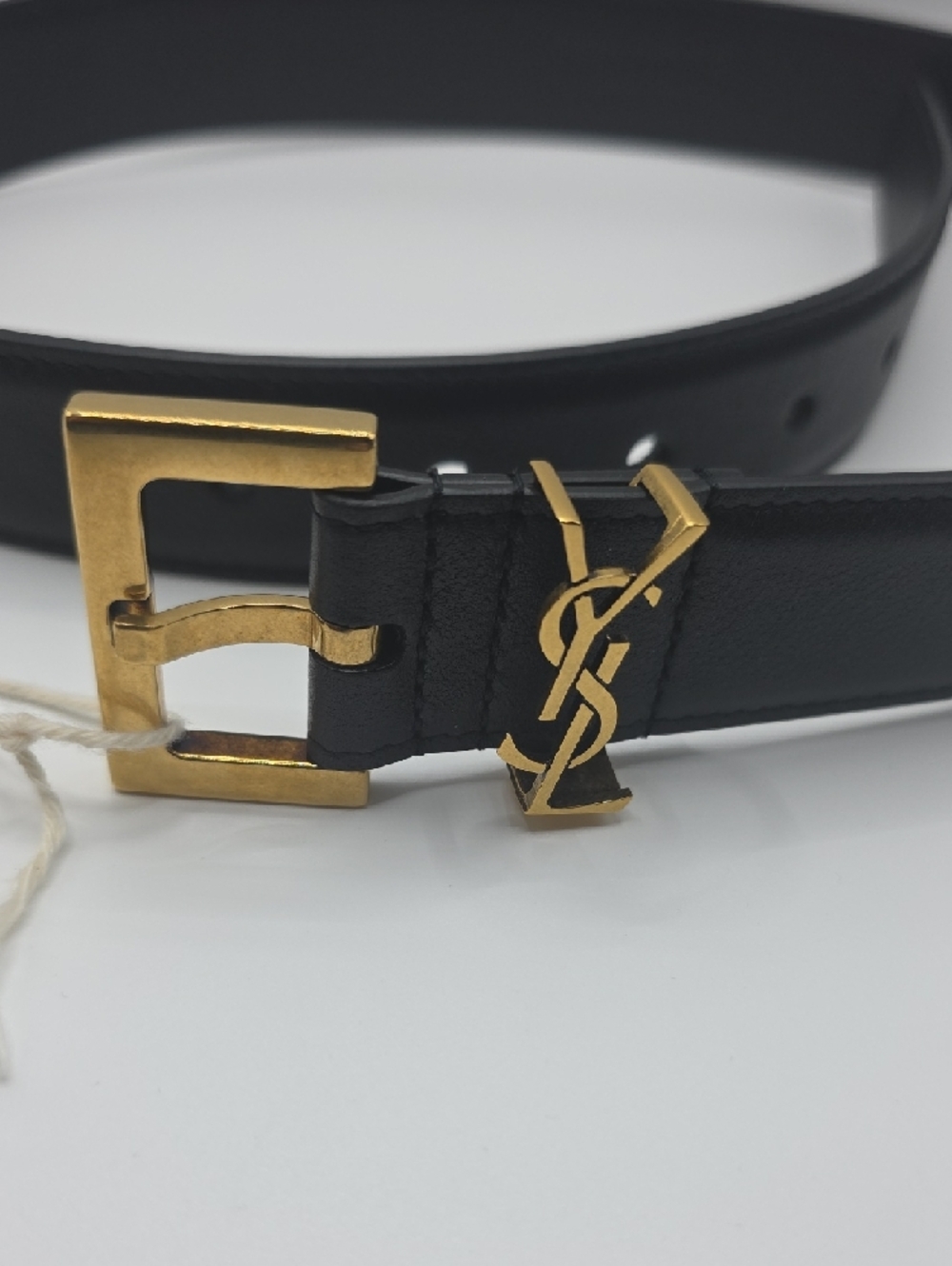 Yves Saint Laurent Black Leather Belt with Gold YSL Accent - Picture 2 of 9